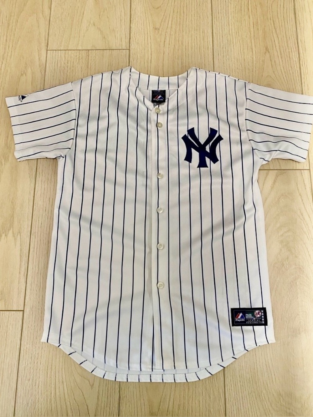 Majestic Youth White Pinstripe Baseball Jersey with Navy Logo